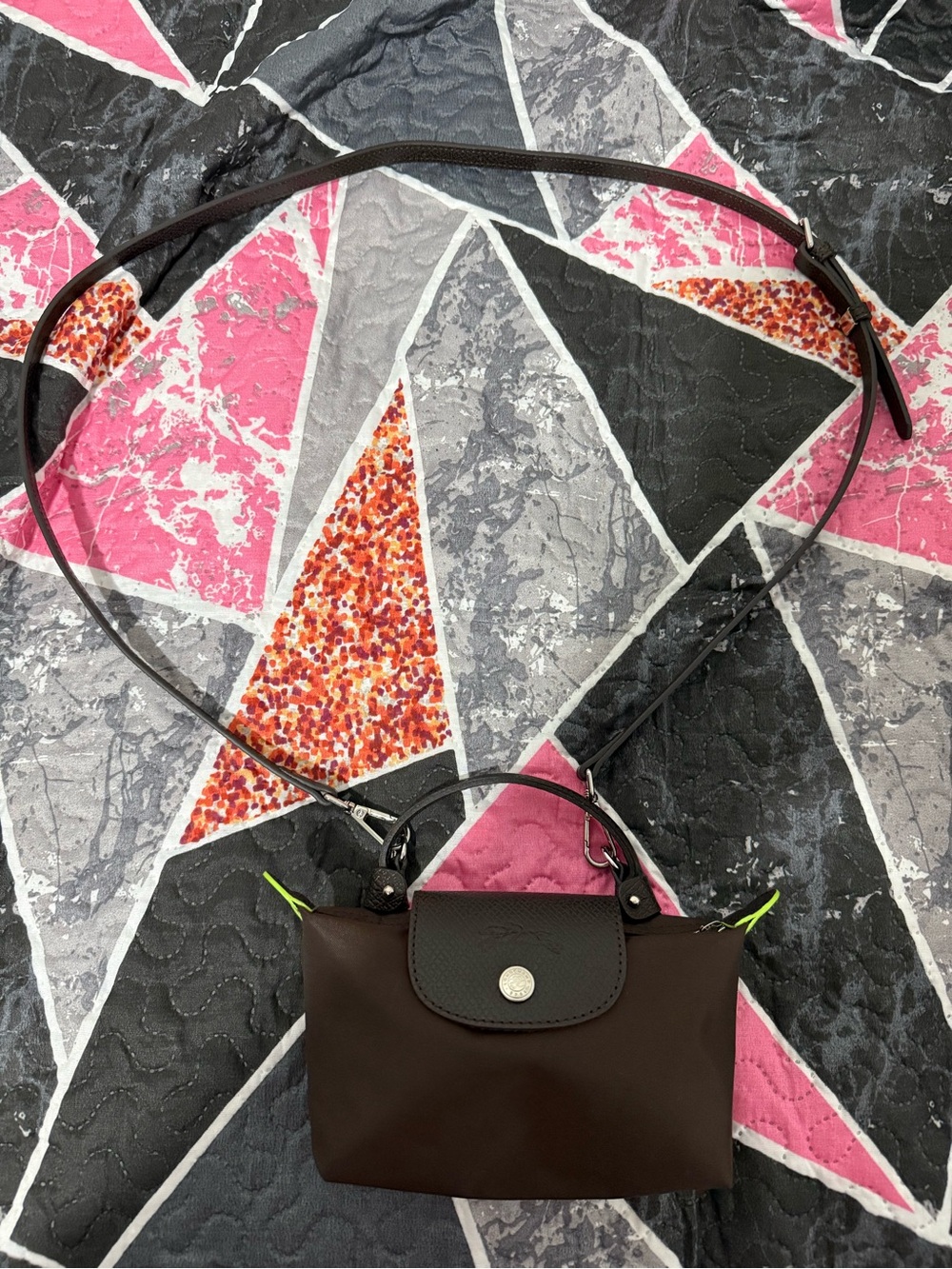 Longchamp Small Brown Nylon Top-Handle Mini Bag with Dark Leather Trim - Picture 3 of 4